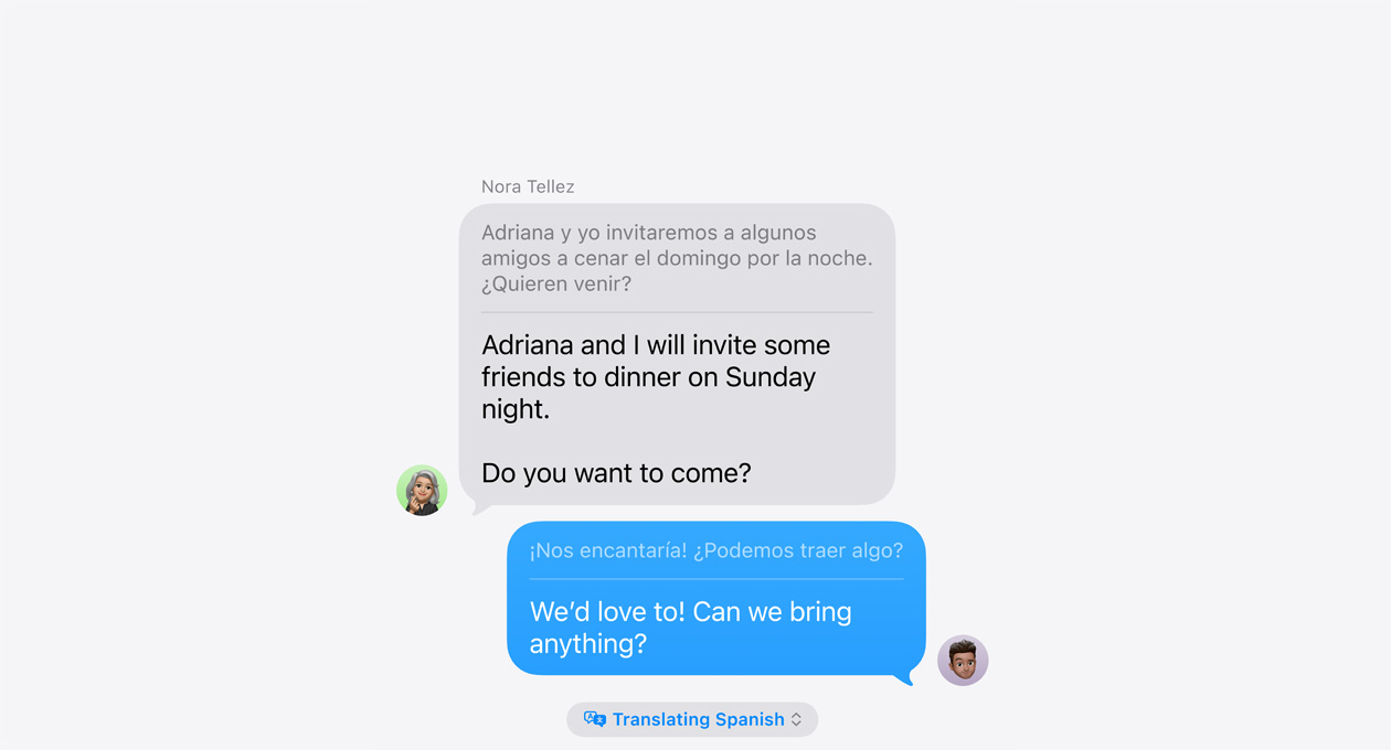 訊息 app 的即時翻譯功能，示範在西班牙文和英文之間自動翻譯