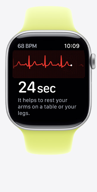 Apple Watch Series 11, aluminum case, silver color, ECG app, beats per minute in top-right corner, centered rhythm line and timer, Sport Band, neon yellow color