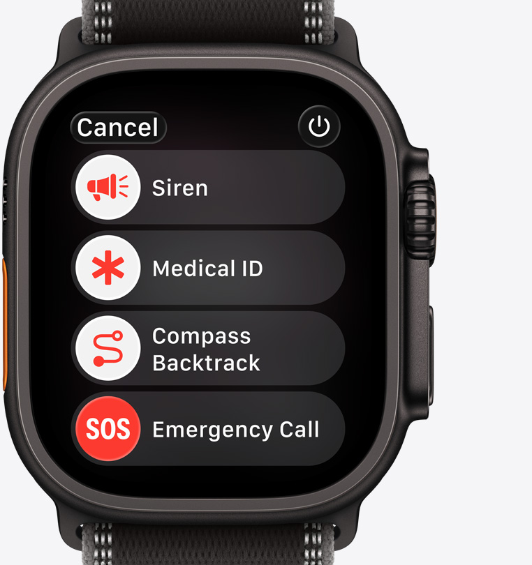 Apple Watch Ultra 3, titanium case, black color, emergency assistance options onscreen: medical ID, compass backtrack, emergency call
