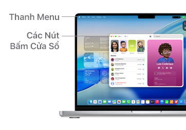 A tour of macOS navigation on MacBook Pro 14" with lines indicating the location of the Menu Bar and Window Buttons.