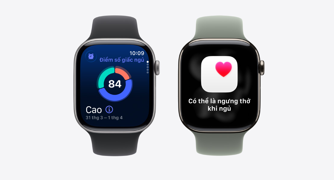 Two Apple Watch Series 11, sleep score screen, possible sleep apnea notification, Sport Loops, black and green gray colors